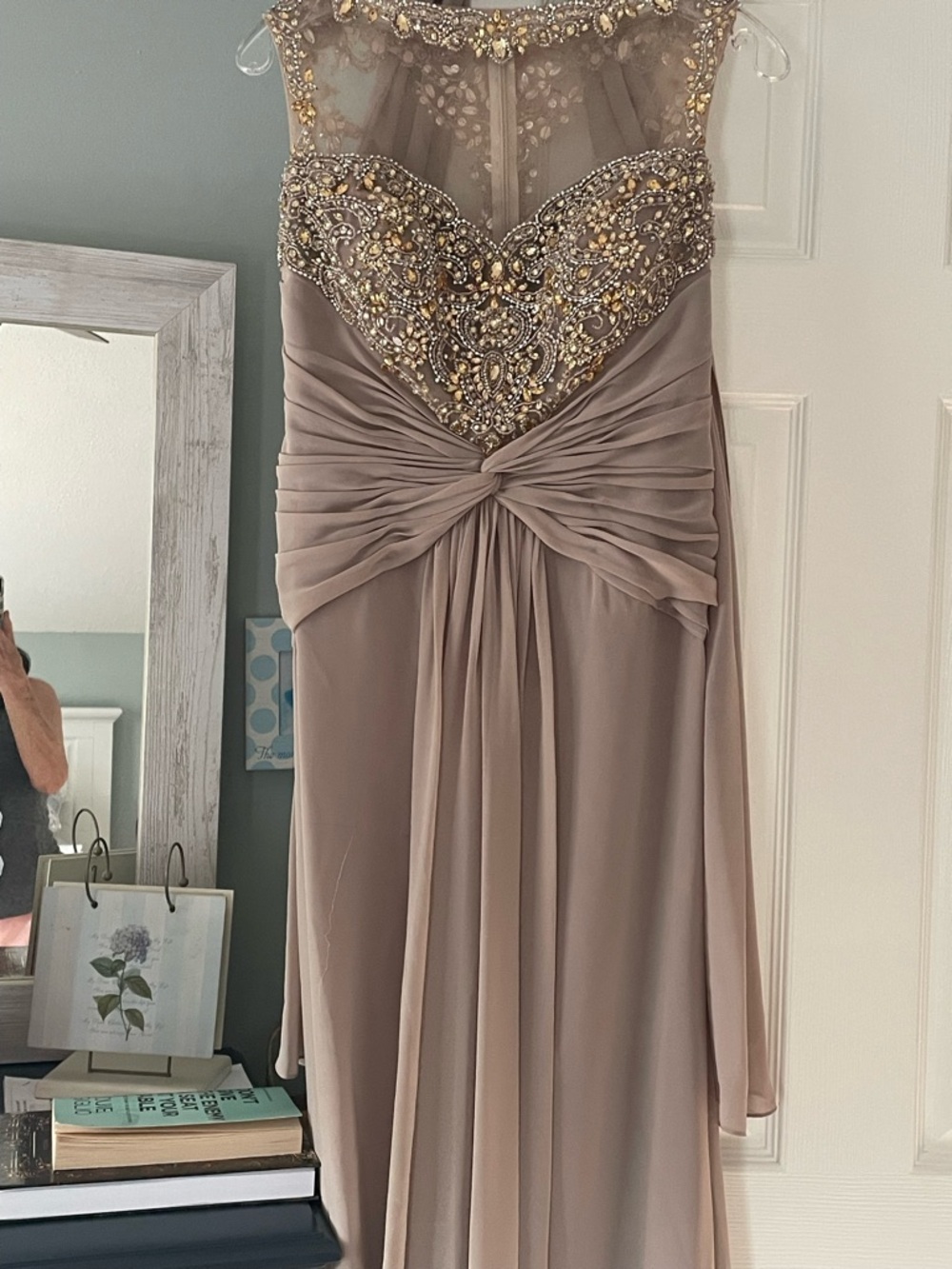NWT Embellished Champagne Beige Evening Gown with Illusion Neckline